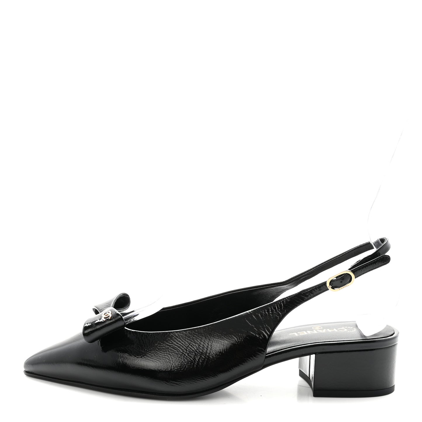 Crumpled Patent Calfskin CC Bow Slingback Pumps 37 Black