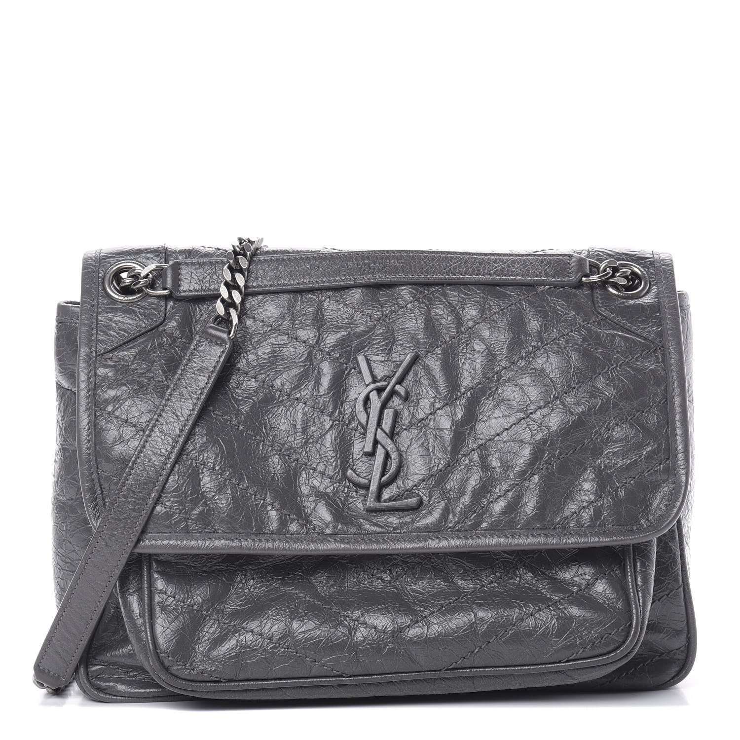 Saint Laurent Crinkled Calfskin Matelasse Monogram Medium Niki Chain Satchel Storm 1 of 12