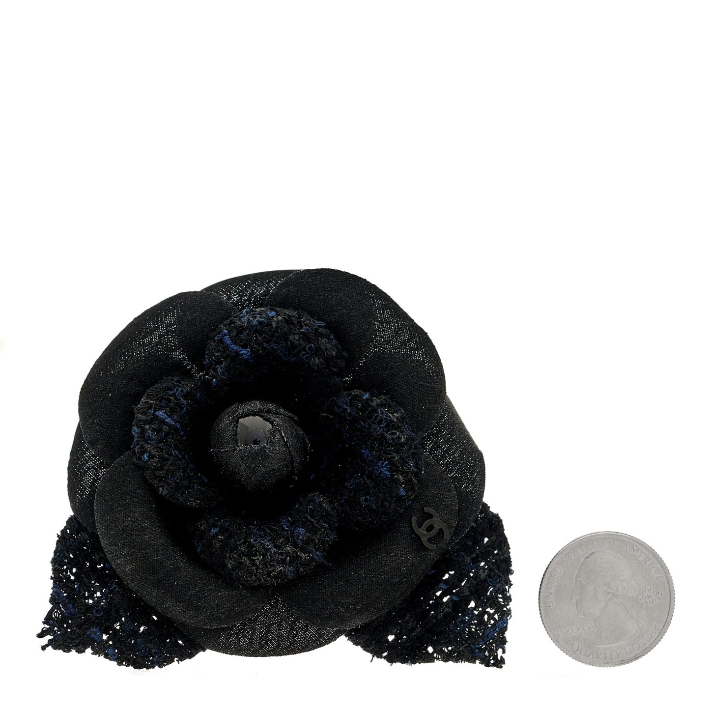 Tweed Fabric Camellia Pin Brooch 115/46 Navy Blue Black