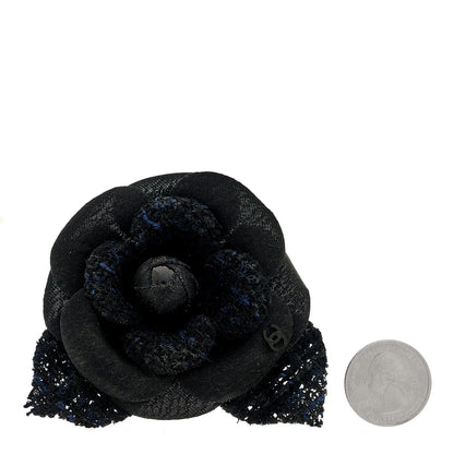 Chanel Tweed Fabric Camellia Pin Brooch 115/46 Navy Blue Black 2 of 3