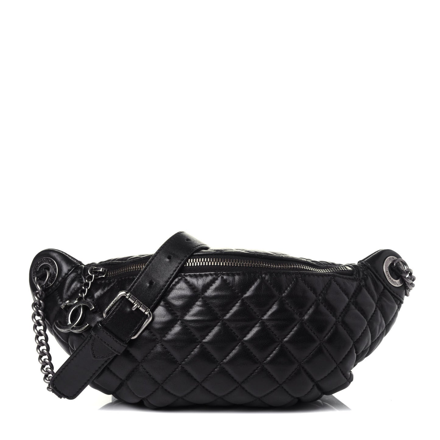 Lambskin Quilted Banane Waist Bag Fanny Pack Black