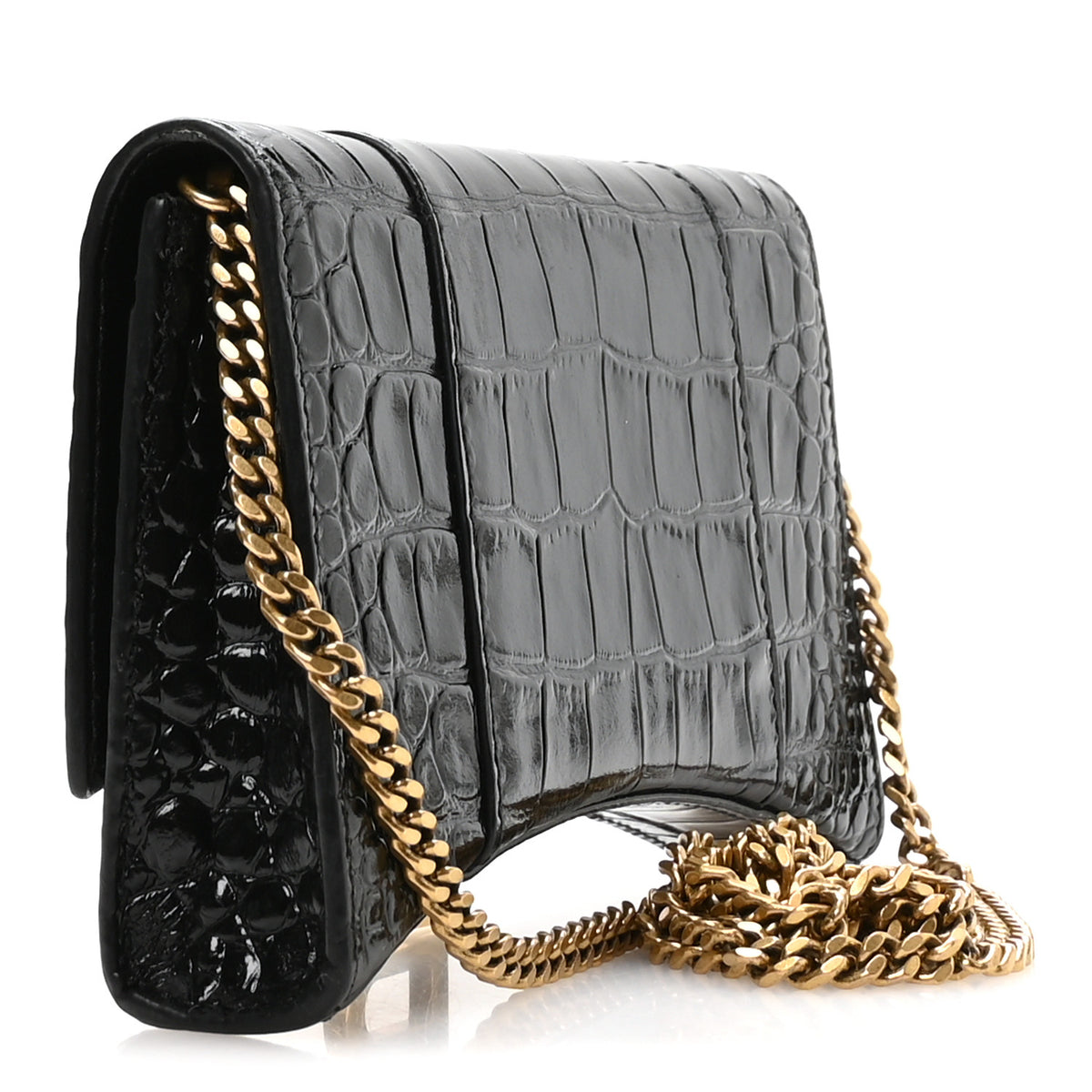 Shiny Calfskin Crocodile Embossed XS Hourglass Wallet On Chain Black