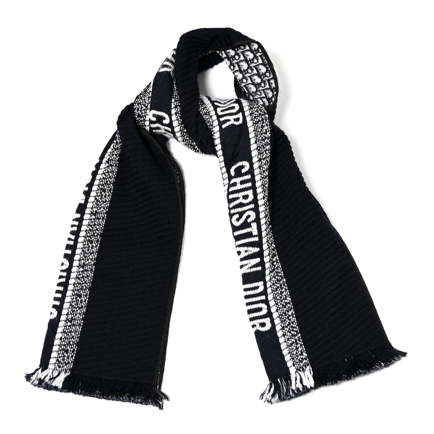 Christian Dior Wool Silk Oblique University Reversible Scarf Navy Blue 1 of 3
