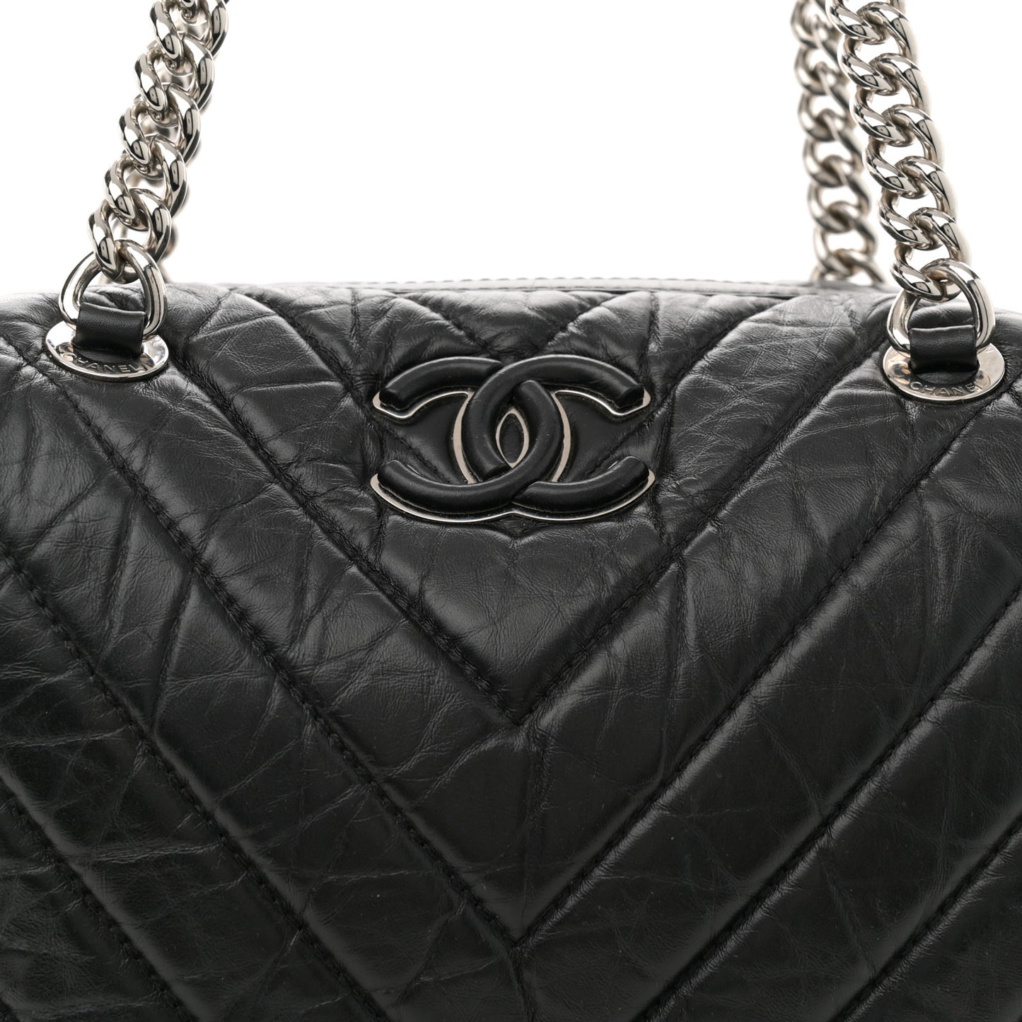 Aged Calfskin Chevron Quilted Bowling Bag Black