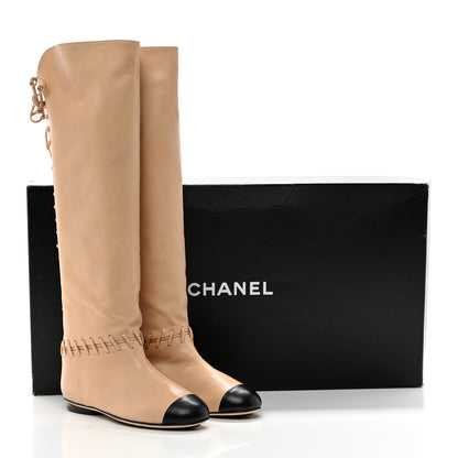 Chanel Lambskin Lace Up Cap Toe High Boots 37 Beige Black 12 of 12