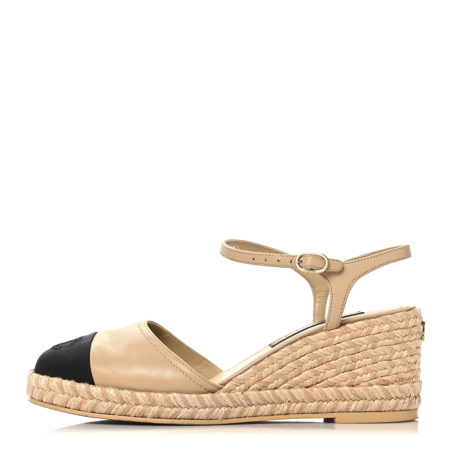 Chanel Lambskin Grosgrain CC Espadrilles Wedges 40 Beige Black 1 of 9