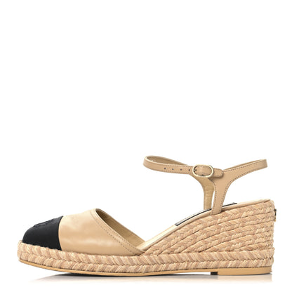 Chanel Lambskin Grosgrain CC Espadrilles Wedges 40 Beige Black 1 of 9