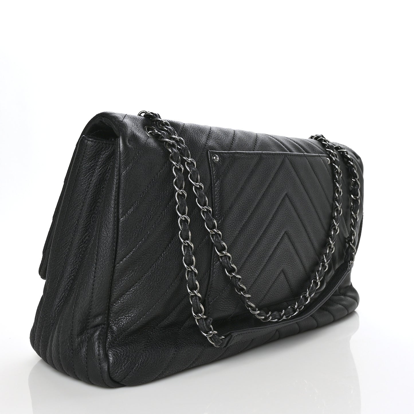 Calfskin Chevron Quilted XXL Travel Flap Bag Black