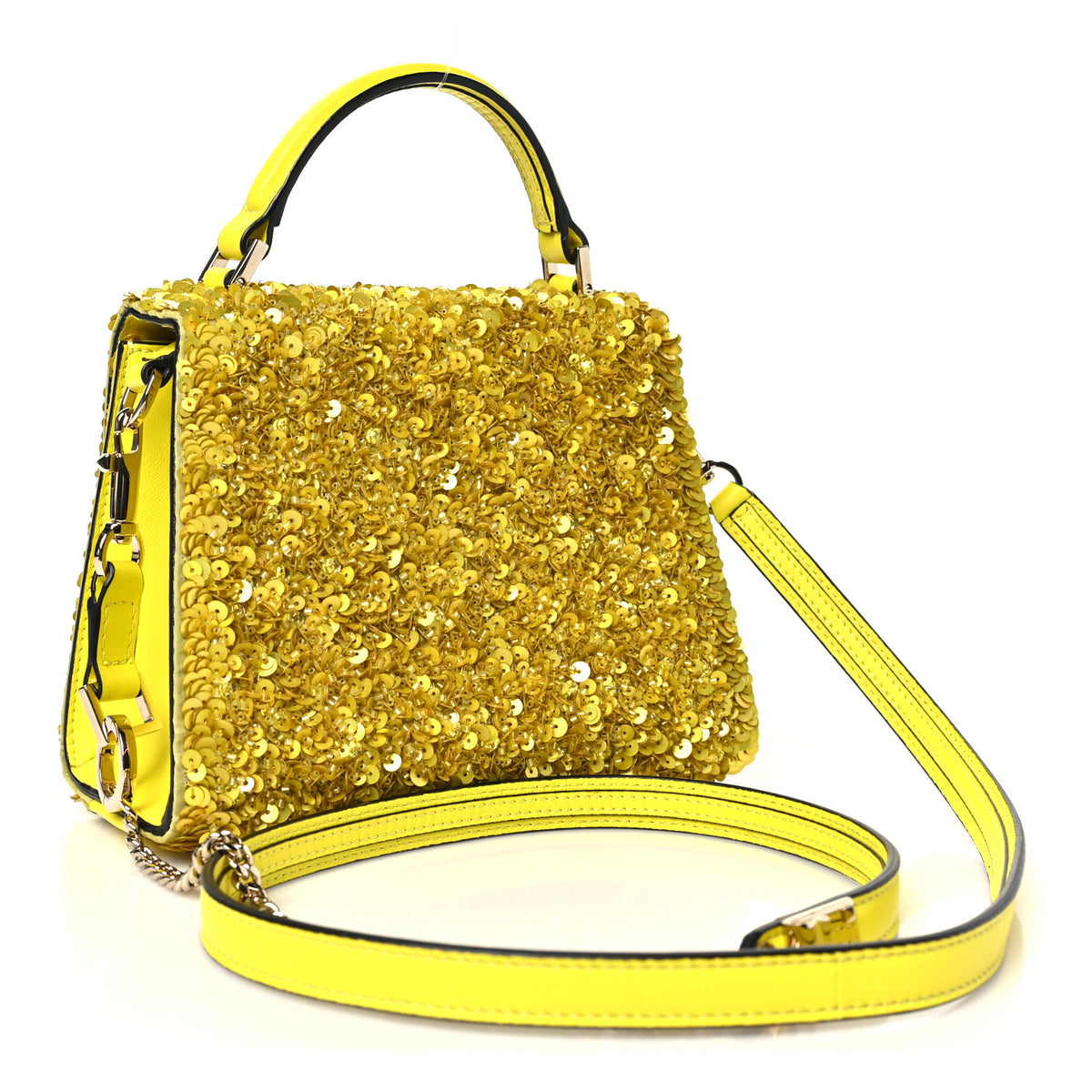 Sequin Crystal Embroidered Mini Vsling Top Handle Bag Yellow