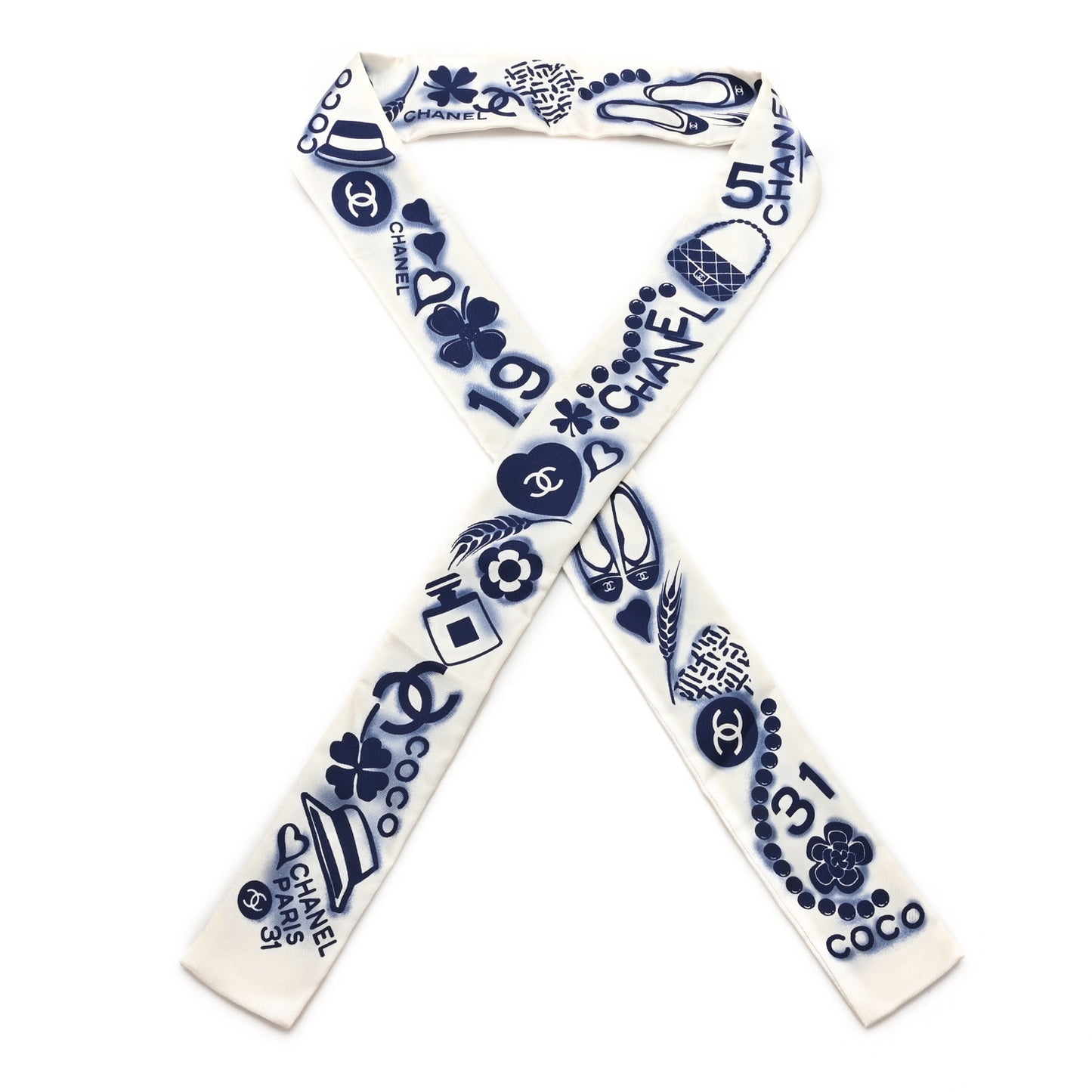 Silk CC Slim Bandeau Scarf White Blue