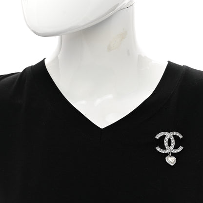 Chanel Crystal Pearl CC Heart Drop Brooch Silver 2 of 4