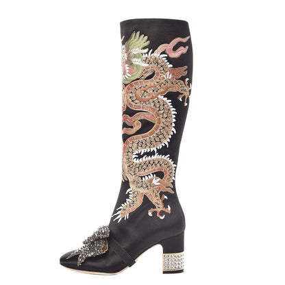 Gucci Silk Satin Malaga Kid Embroidered Candy Dragon Block-Heel Knee Boot 36 Black 1 of 9