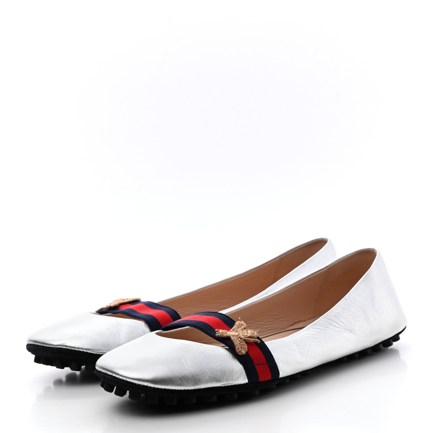 Gucci Metallic Nappa Web Bayadere Ballerina Flats 39 Argento 3 of 10