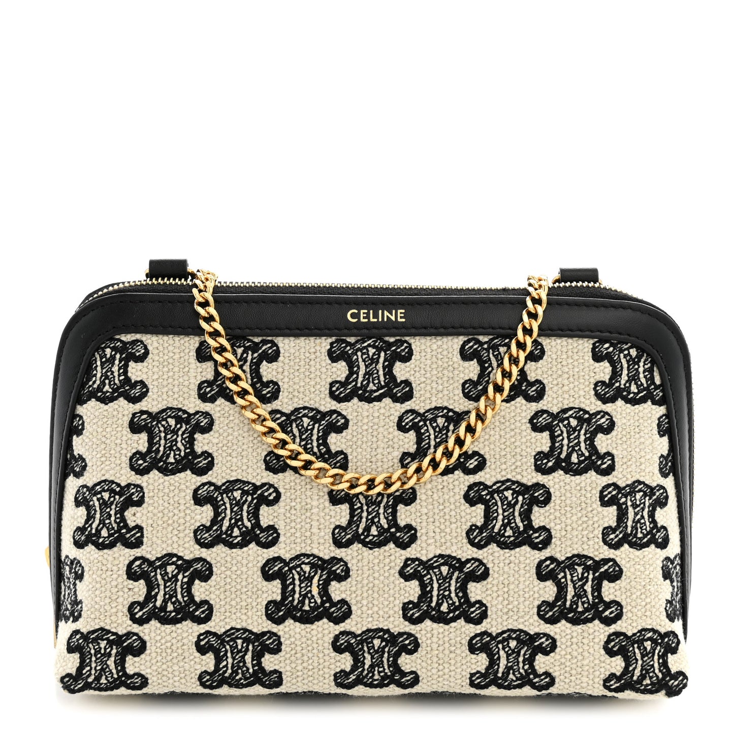 Canvas Calfskin Triomphe Embroidered Clutch On Chain Black