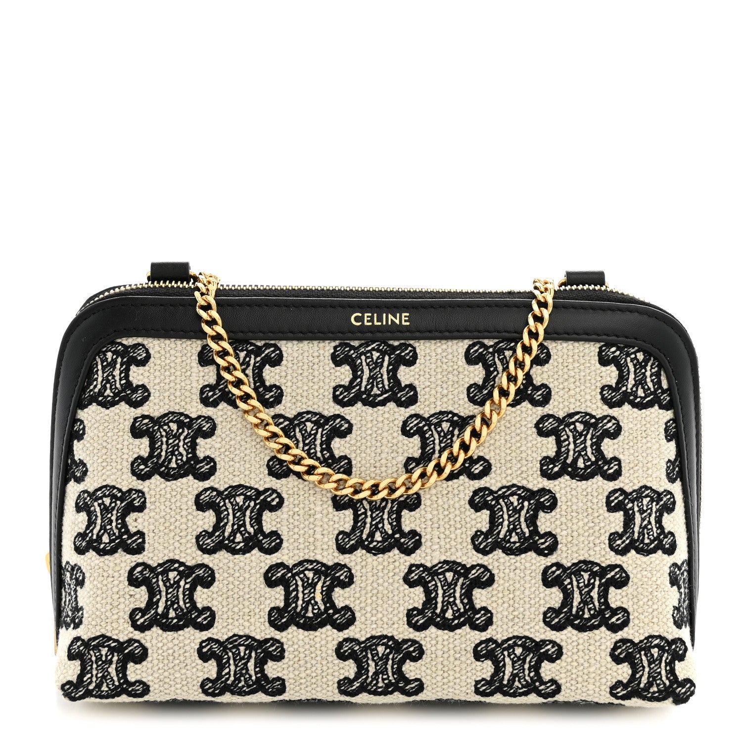 Celine Canvas Calfskin Triomphe Embroidered Clutch On Chain Black 1 of 11