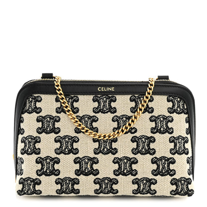 Celine Canvas Calfskin Triomphe Embroidered Clutch On Chain Black 1 of 11