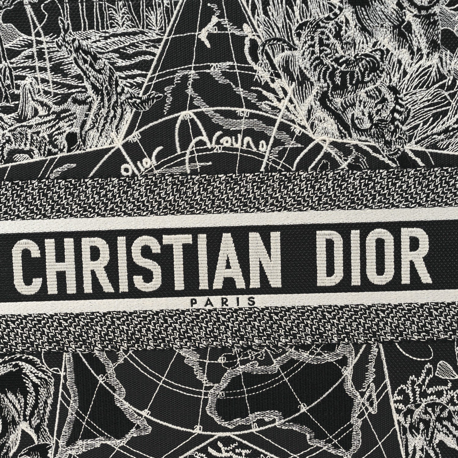 Christian Dior Canvas Embroidered Large Around The World Book Tote Black White 8 of 14