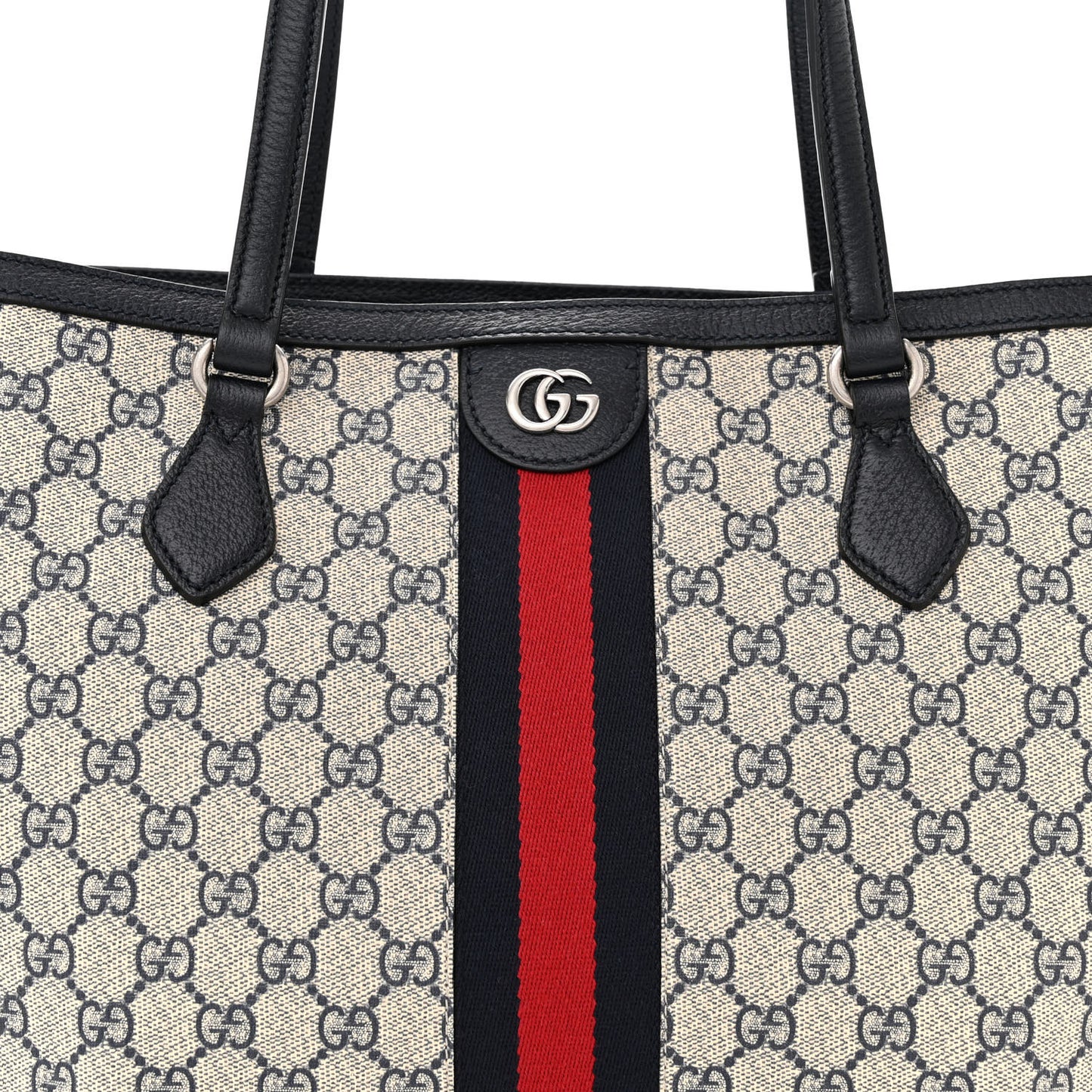 GG Supreme Monogram Textured Calfskin Web Medium Ophidia Shopping Tote Beige Blue
