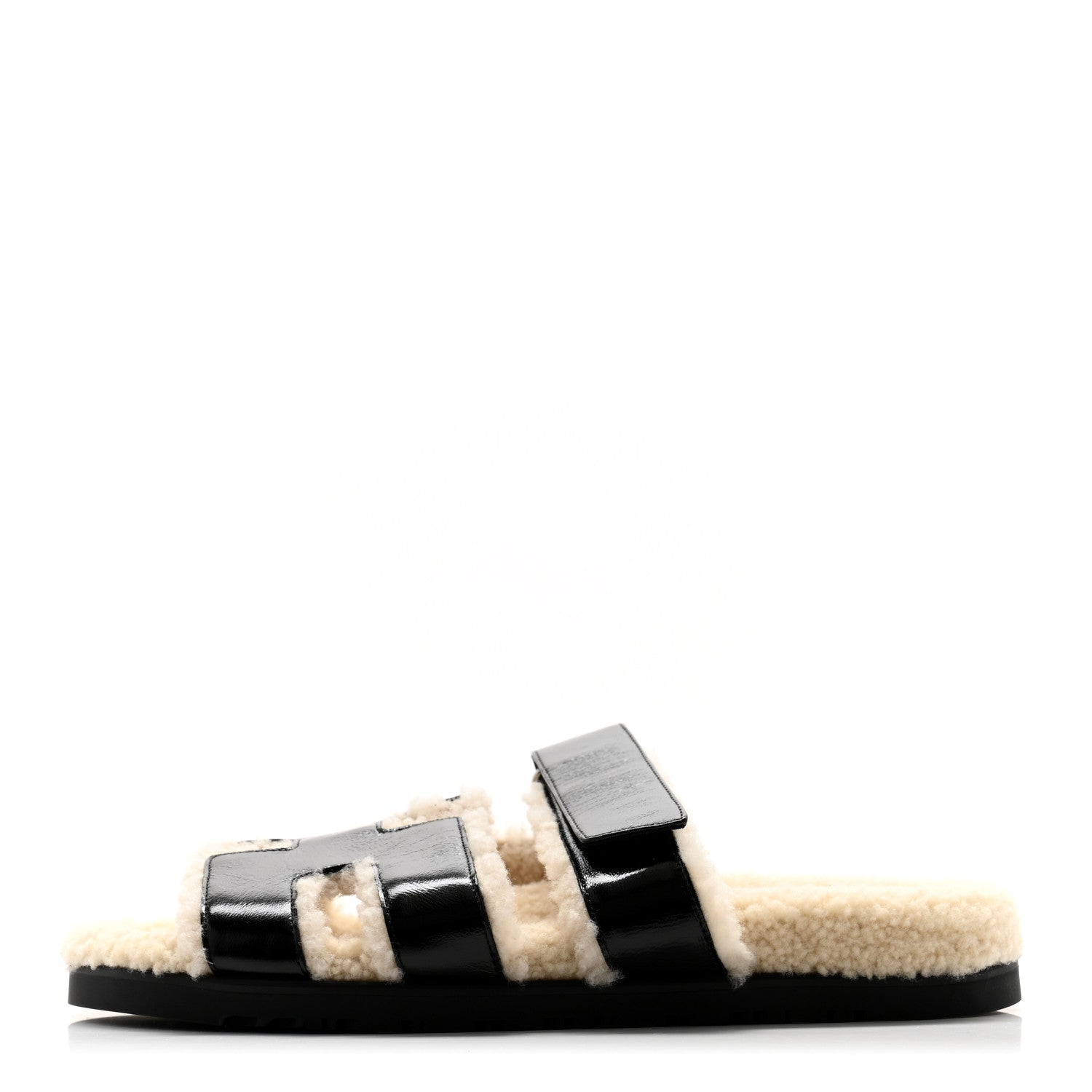 Hermes Glazed Nappa Woolskin Womens Chypre Sandals 40.5 Black Ecru 1 of 9