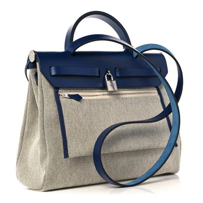 Hermes Vache Hunter Toile H Brides de Gala Herbag Zip Retourne 31 PM Bleu De France Ecru Black 4 of 18