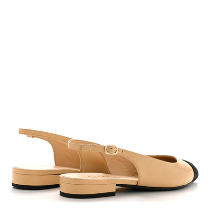 Chanel Goatskin Grosgrain Pointed Toe CC Slingback Flats 37.5 Beige Black 5 of 10