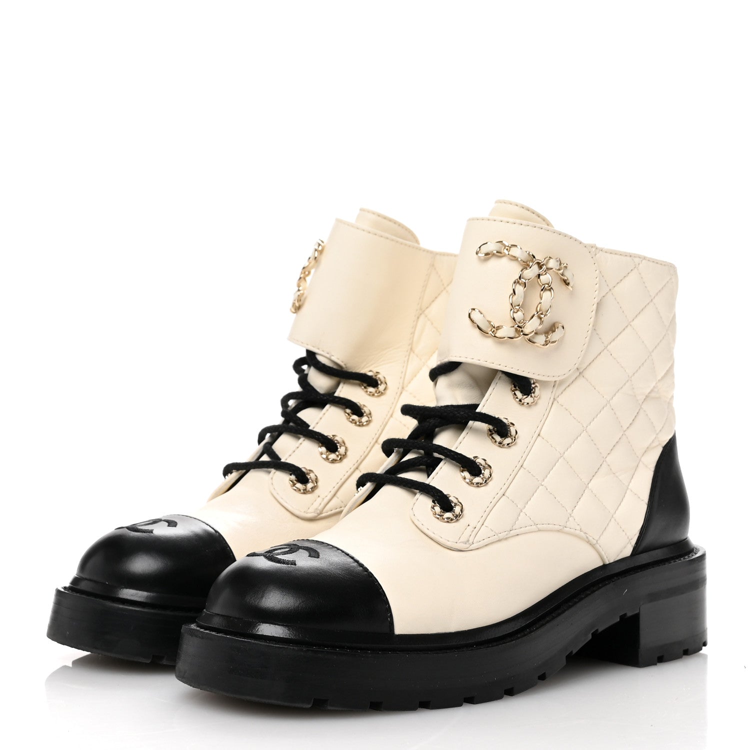 Chanel Shiny Calfskin Quilted Lace Up Combat Boots 37.5 Ivory Black 4 of 11
