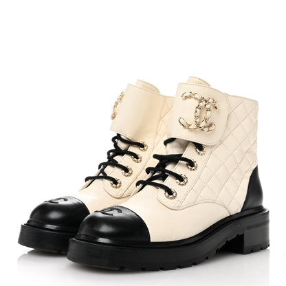 Chanel Shiny Calfskin Quilted Lace Up Combat Boots 37.5 Ivory Black 4 of 11