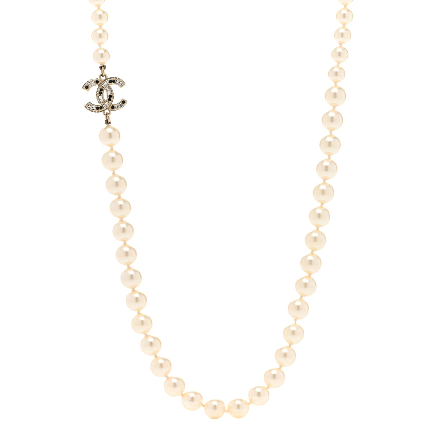 Pearl Baguette Crystal CC Long Necklace Silver