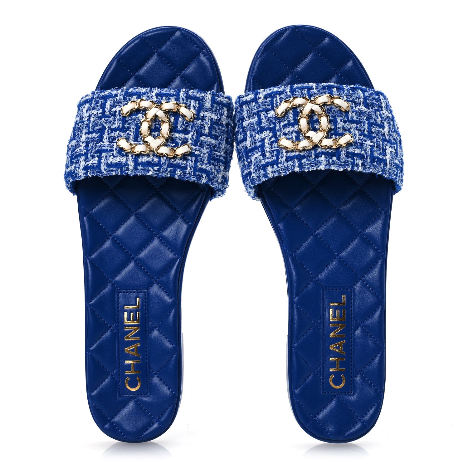 Chanel Cotton Tweed Chain CC Mule Sandals 38.5 Blue White 2 of 12