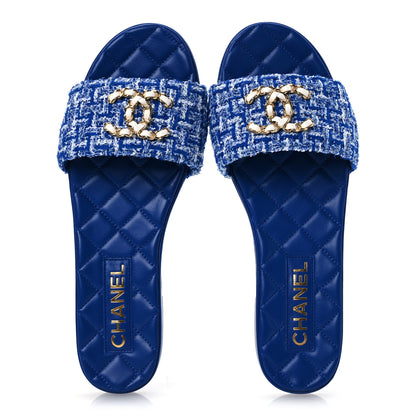 Chanel Cotton Tweed Chain CC Mule Sandals 38.5 Blue White 2 of 12