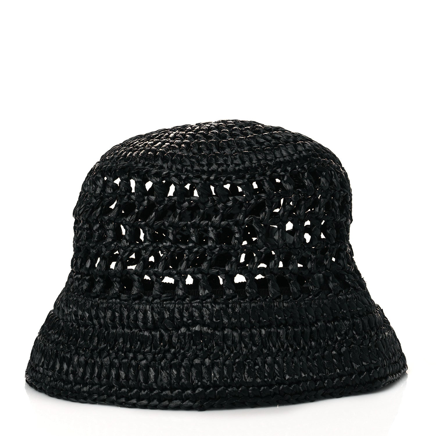 Prada Yarn Raffia Effect Crochet Logo Embroidered Womens Bucket Hat M Black 3 of 8