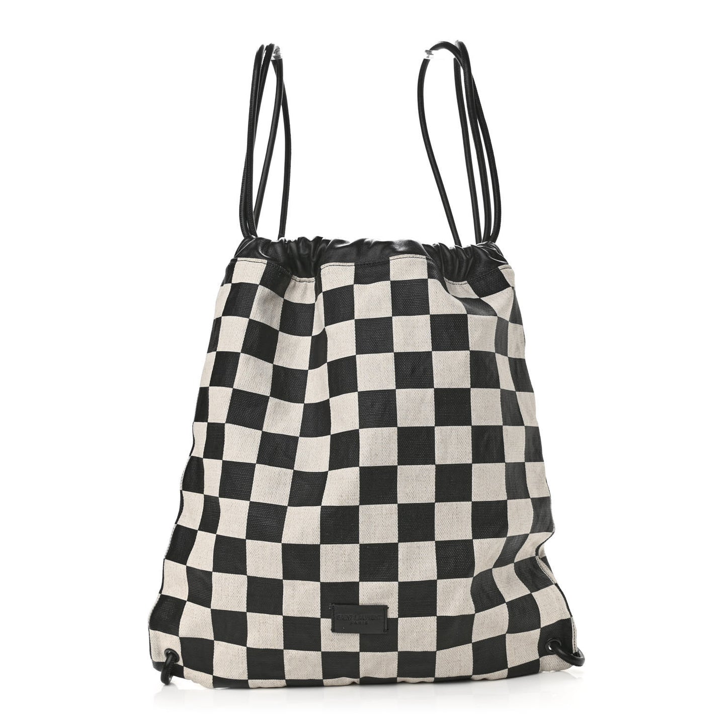 Linen Lambskin Checkered Teddy Drawstring Bag Black White
