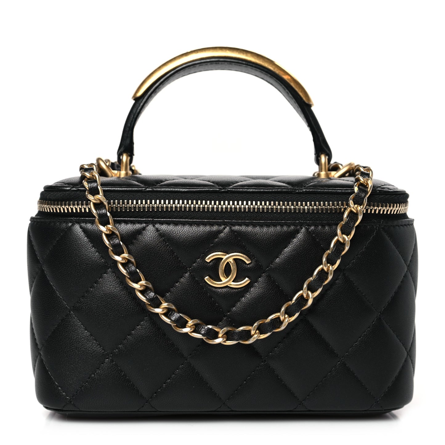 Lambskin Quilted Metal Small Top Handle Vanity Case With Chain Black