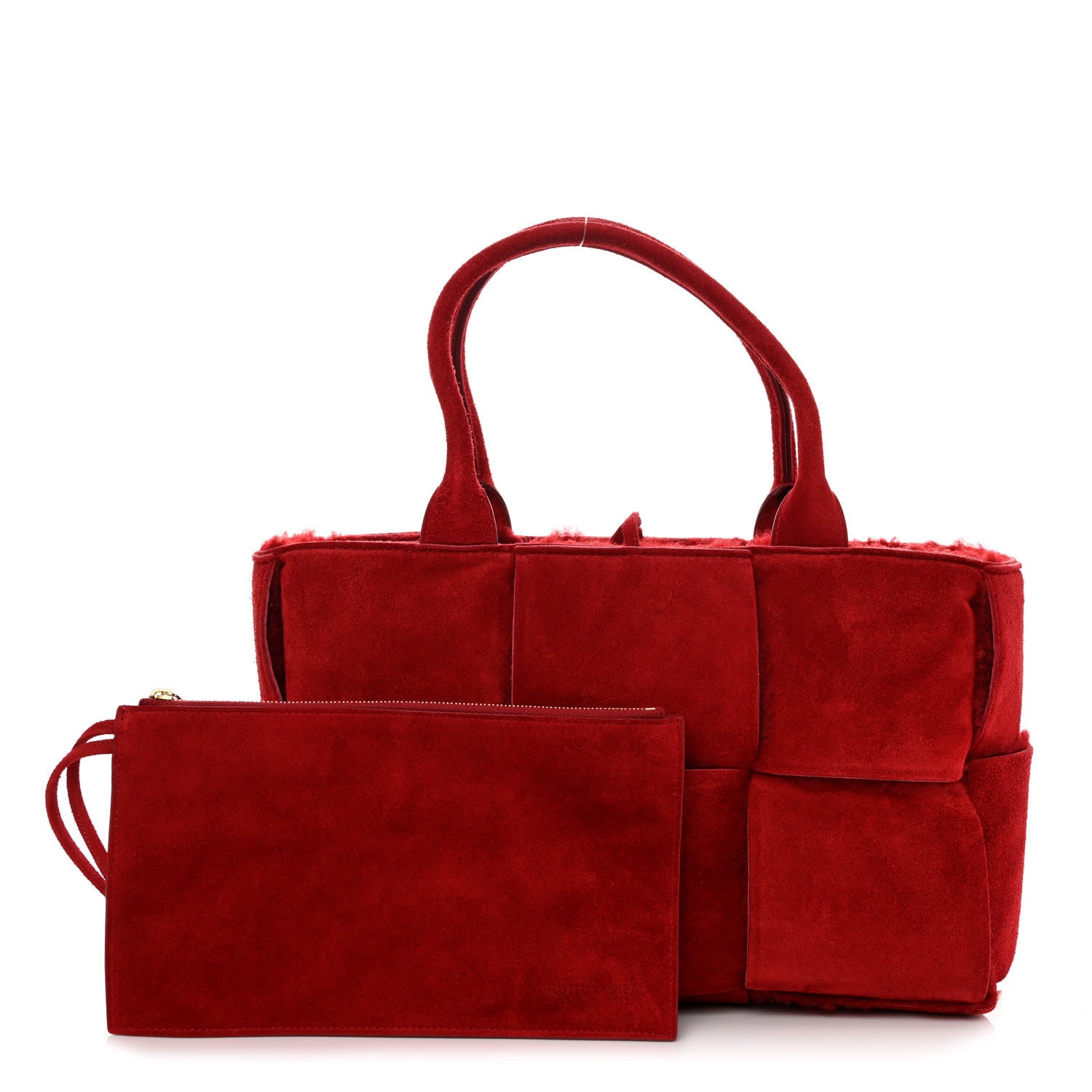 Bottega Veneta Suede Shearling Maxi Intrecciato Small Arco Tote Red 1 of 10
