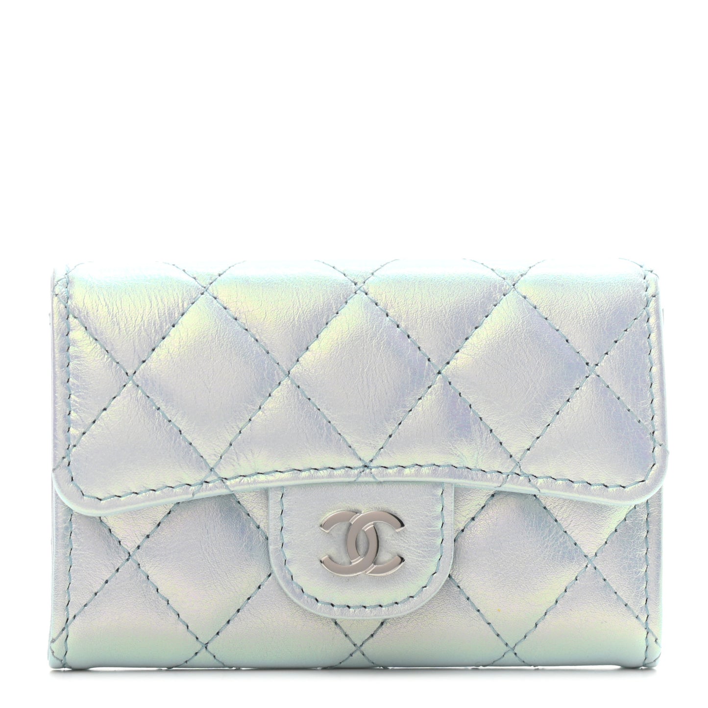 Iridescent Calfskin Quilted Flap Card Holder Light Blue