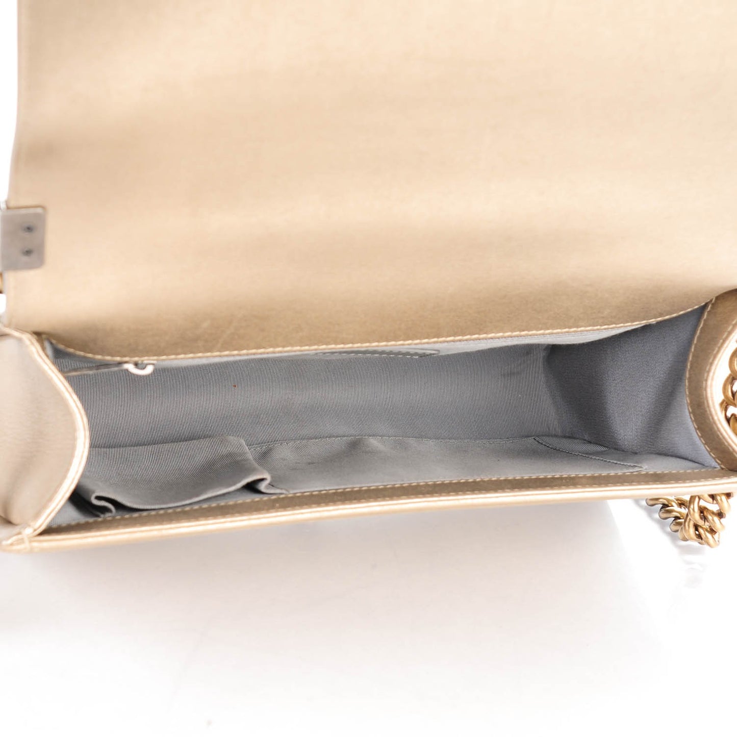 Metallic Calfskin Quilted New Medium Boy Flap Khaki