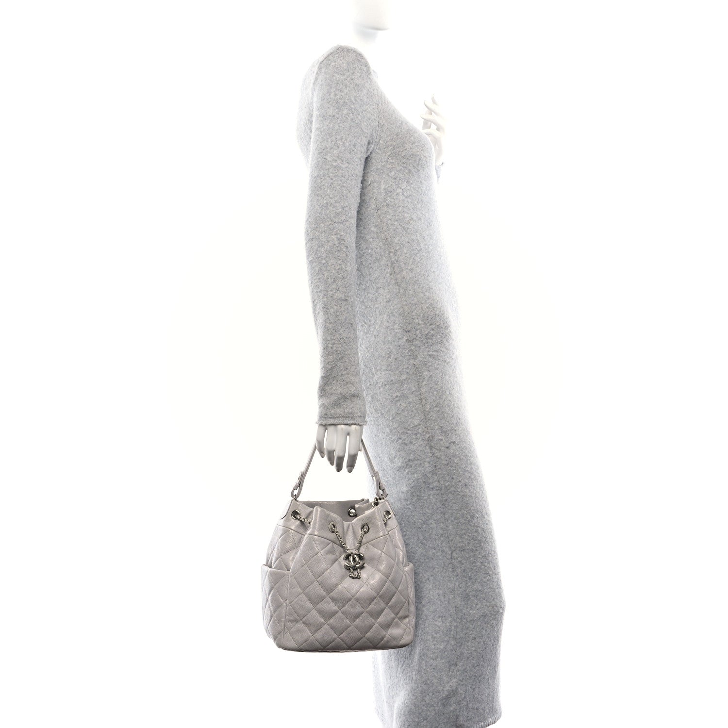 Chanel Caviar Quilted Small Chain Bucket Bag Light Gray 2 of 15
