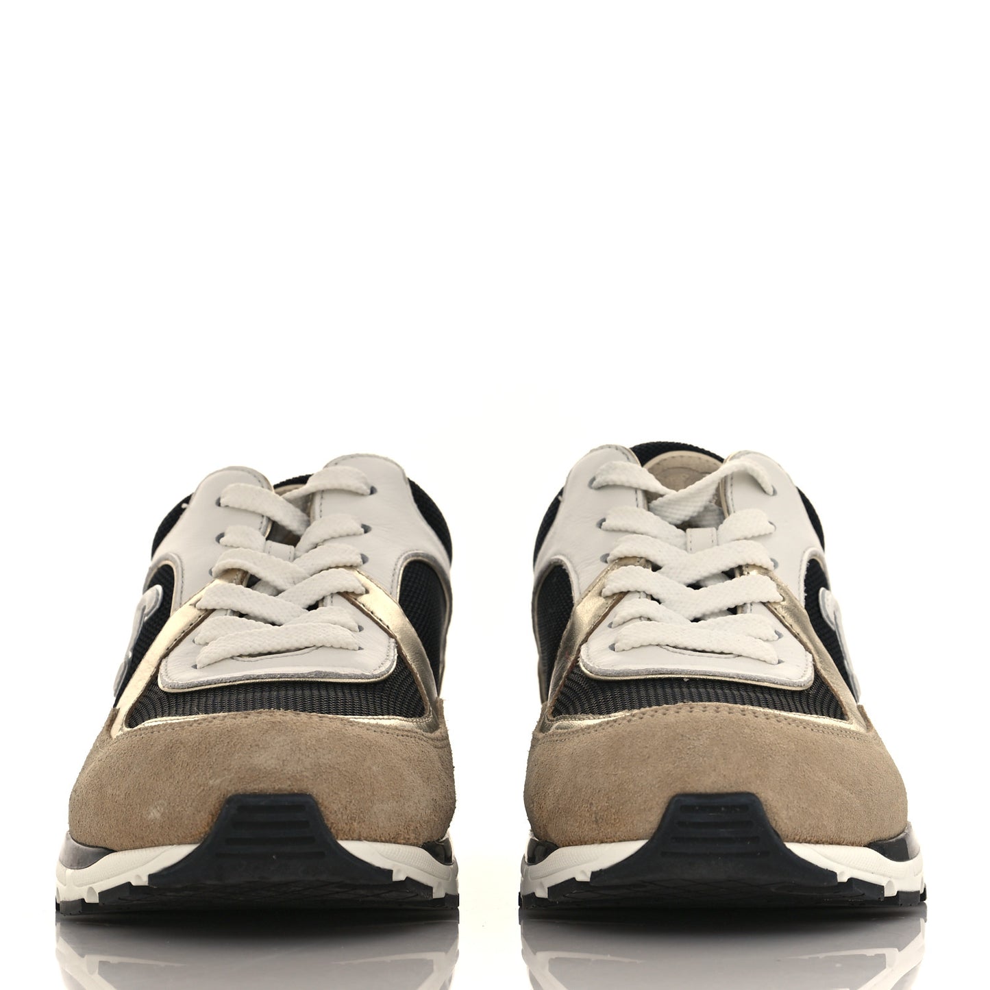Mesh Suede Calfskin Womens CC Sneakers 38.5 White Black Beige Gold