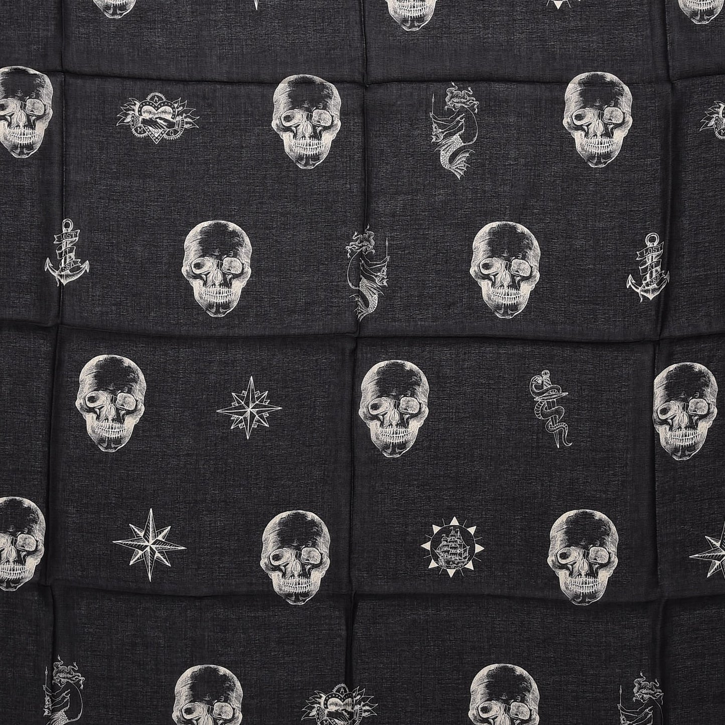 Cotton Modal Large Skull Tattoo Scarf Black Ivory
