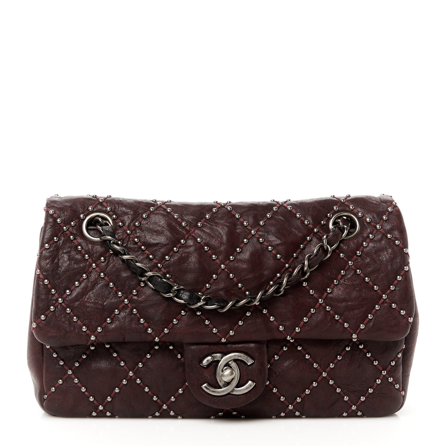 Washed Lambskin Studded Metal Beauty Flap Burgundy