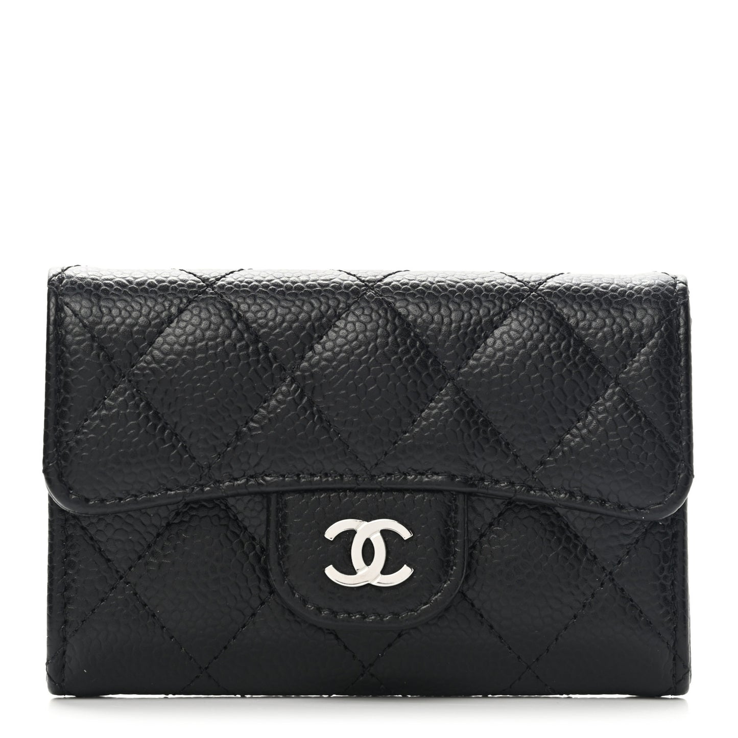 Caviar Quilted Flap Card Holder Wallet Black