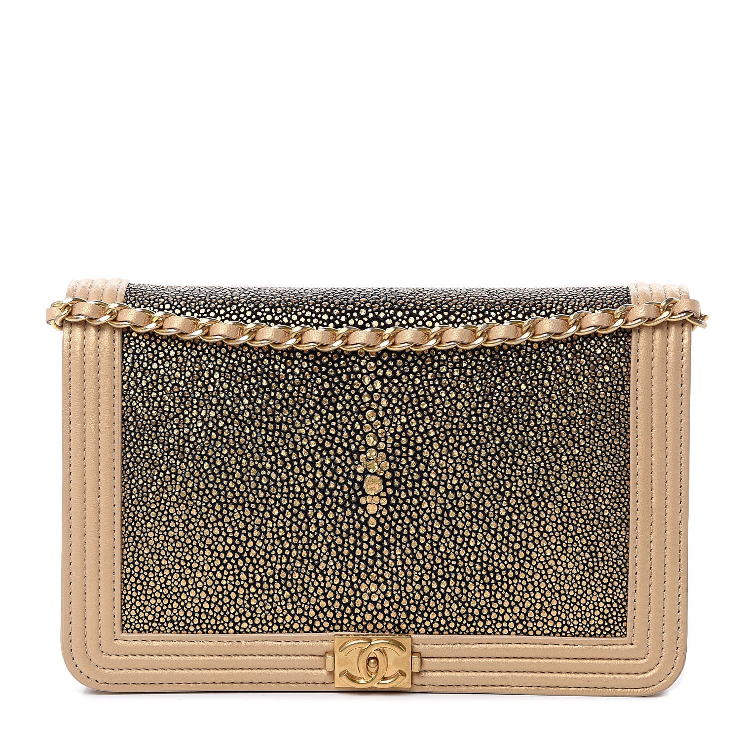 Chanel Metallic Galuchat Stingray Lambskin Boy Wallet On Chain WOC Gold 1 of 15
