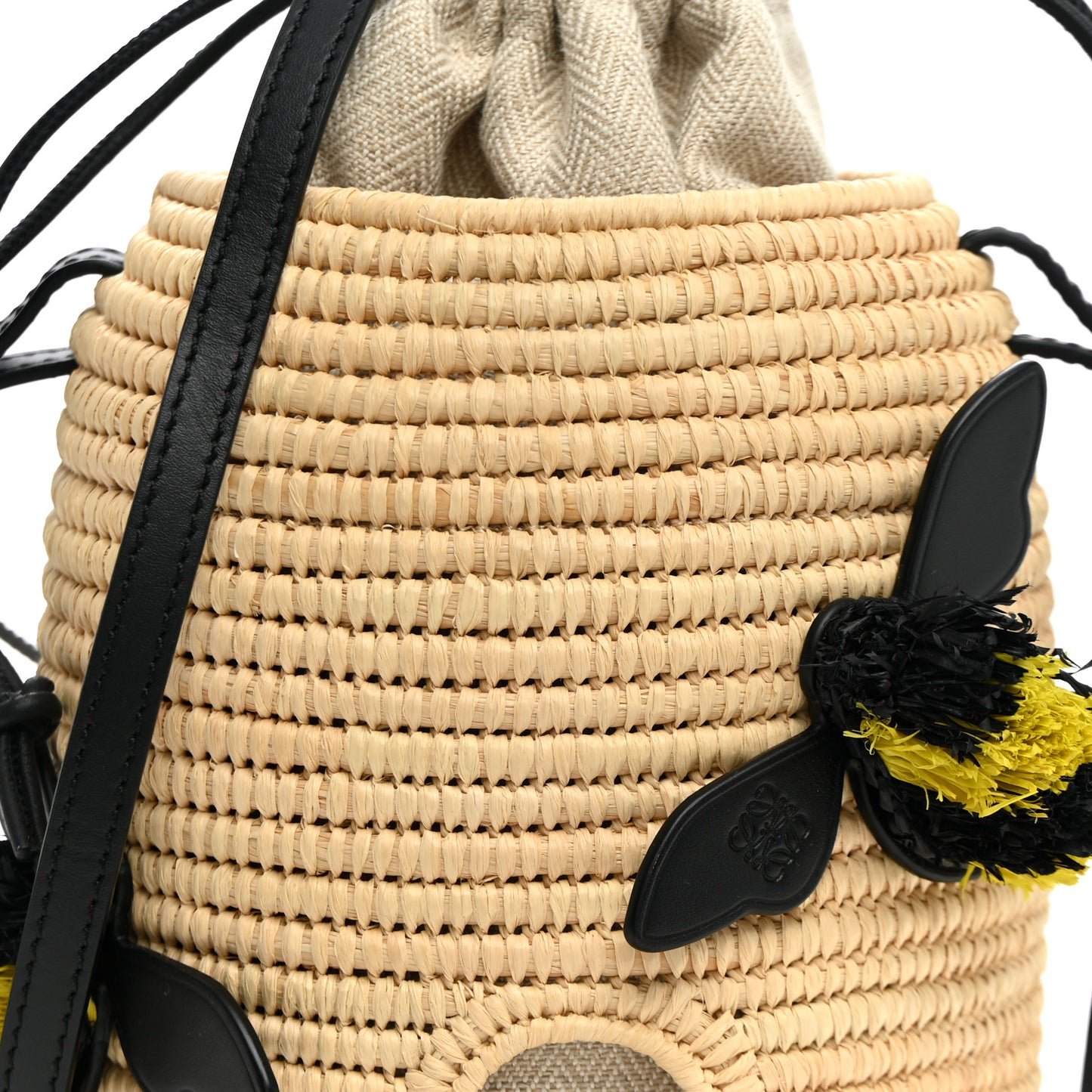 X PAULA'S IBIZA Raffia Calfskin Beehive Basket Tote Bag Natural Black