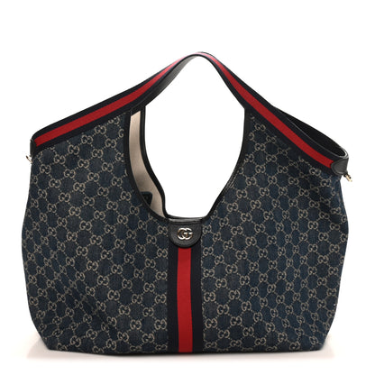 Gucci Denim GG Monogram Web Large Giglio Tote Blue 1 of 10