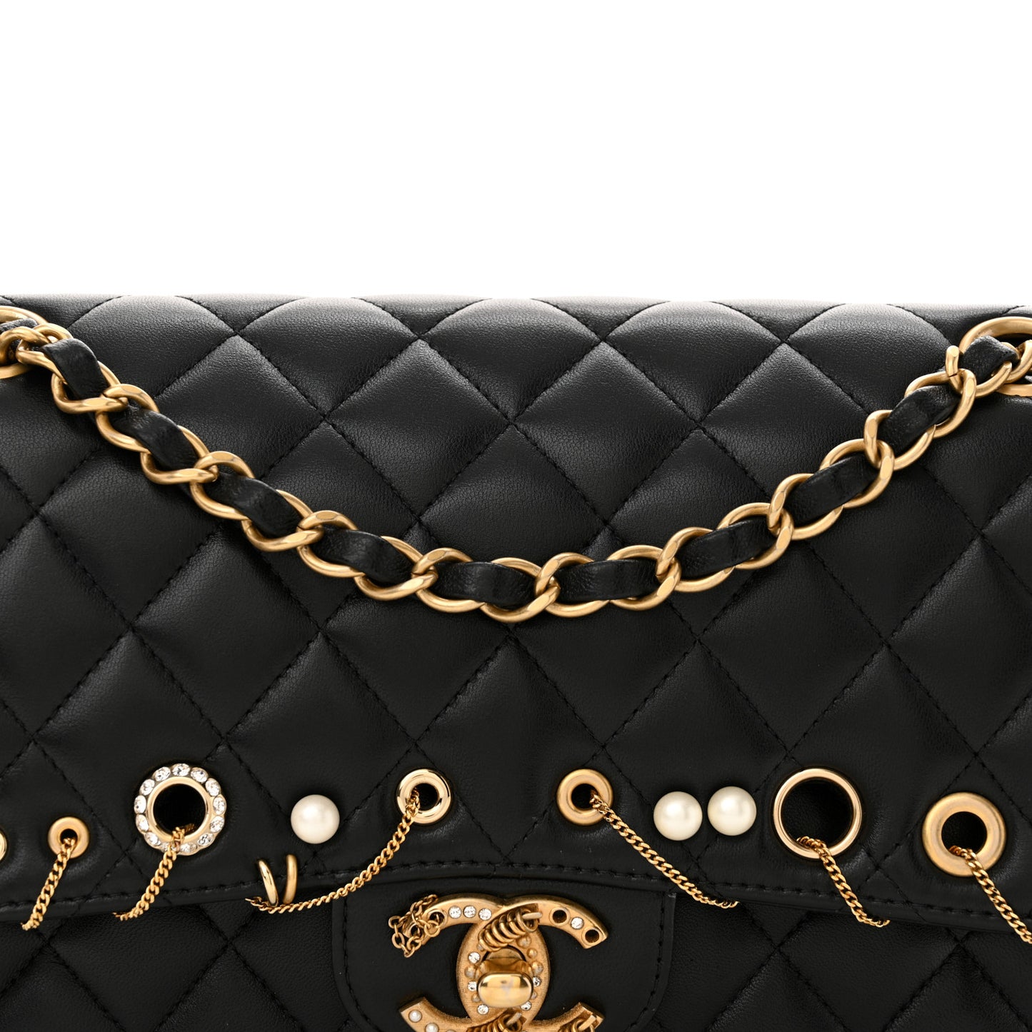 Lambskin Quilted Grommet Embellished Piercing Chic Medium Double Flap Black