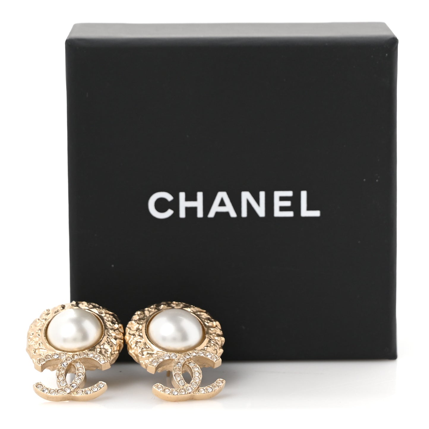 Crystal Pearl Textured CC Round Drop Earrings Gold