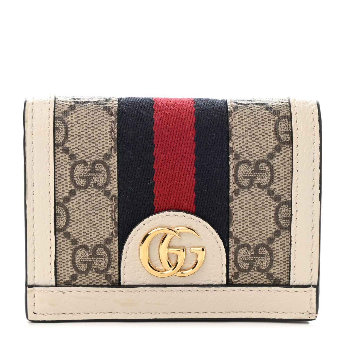 GG Supreme Monogram Textured Dollar Calfskin Web Ophidia Card Case Beige Ebony Mystic White