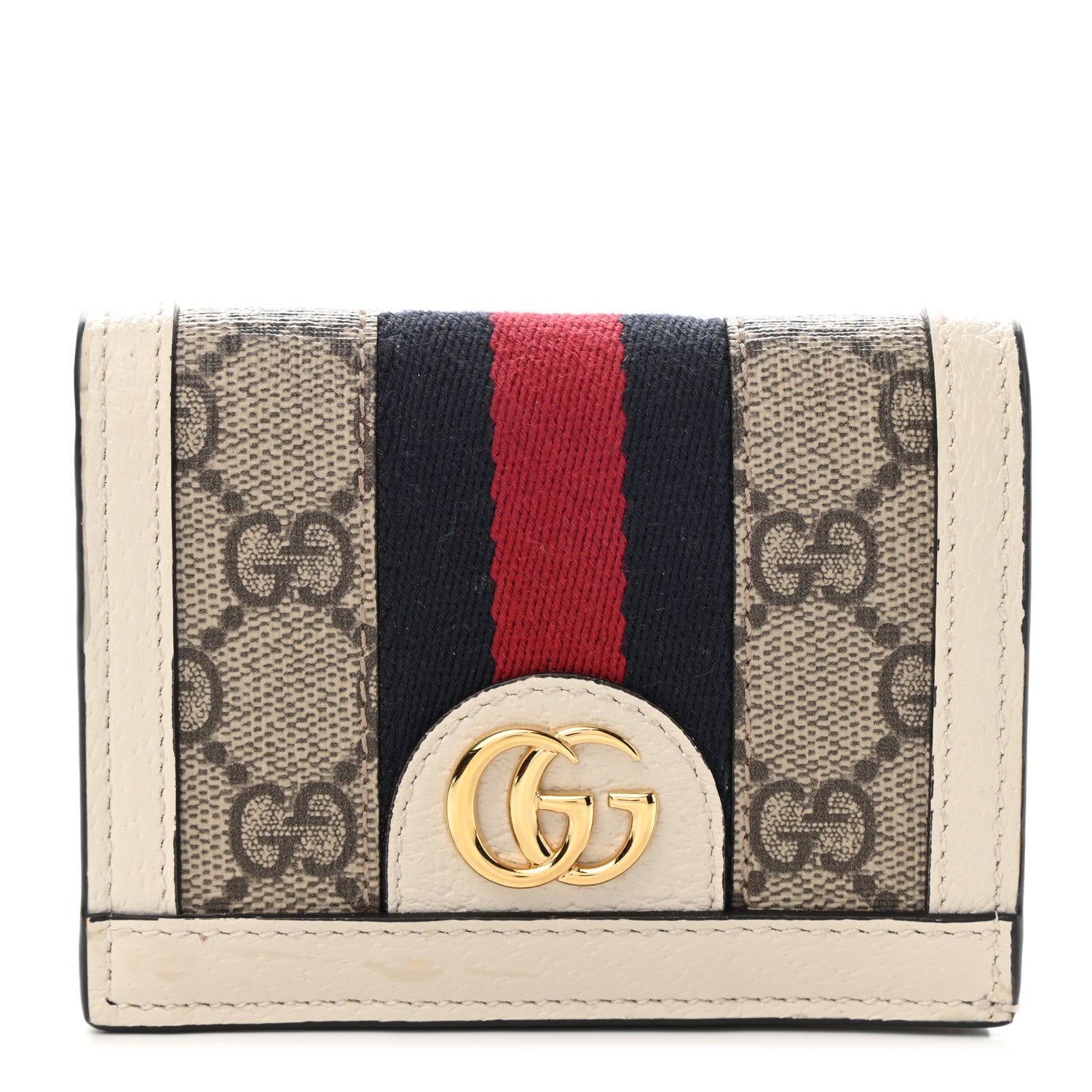 Gucci GG Supreme Monogram Textured Dollar Calfskin Web Ophidia Card Case Beige Ebony Mystic White 1 of 7