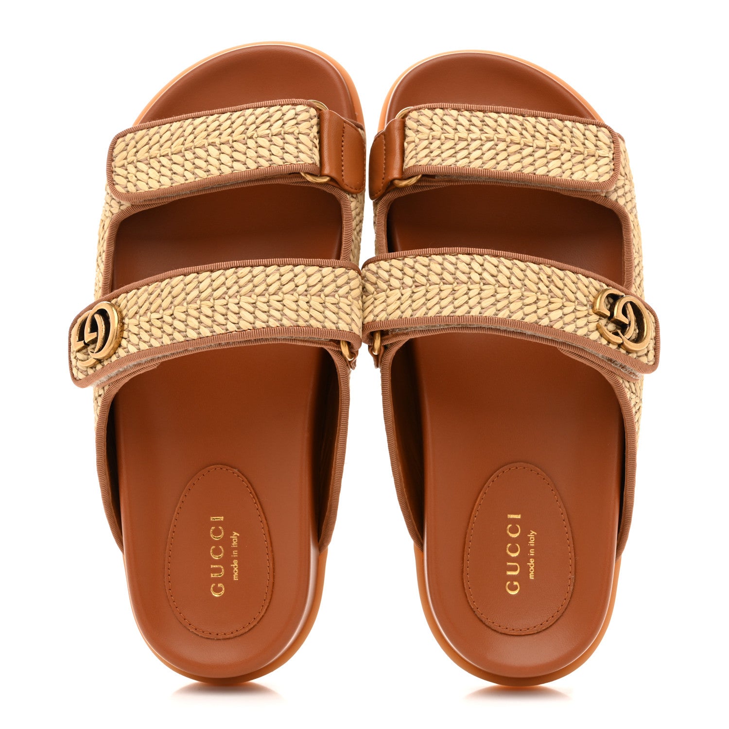 Gucci GG Raffia Womens Slide Sandals With Straps 37.5 Natural Harness Brown 2 of 10