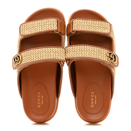 Gucci GG Raffia Womens Slide Sandals With Straps 37.5 Natural Harness Brown 2 of 10